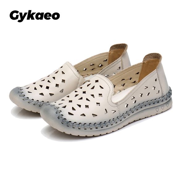 

gykaeo 2020 summer genuine leather breathable soft bottom mother shoes for women plus size hollow out flat shoes zapatos mujer, Black