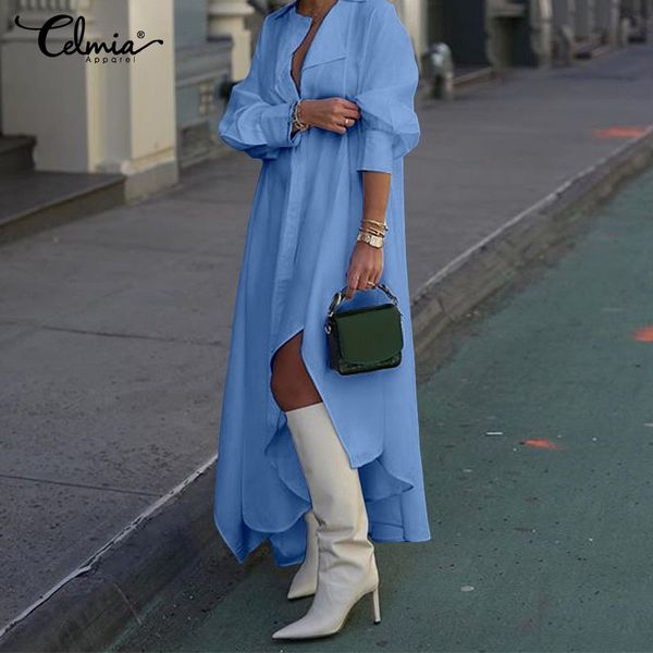 

2020 celmia women long maxi dress autumn long sleeve casual loose asymmetrical shirt dress v neck split party vestidos plus size, Black;gray
