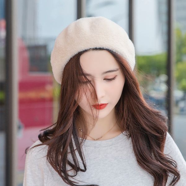 

foux beret hats women autumn winter artificial mink hair plush colorful pure adjustable 2020 new fashion korean style, Blue;gray