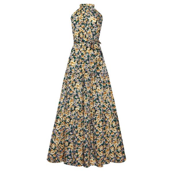 

длинные платья холтер шеи горошек printed женщины платье 2020 лето холтер шеи ремень многоцветной печати моды платья, Black;gray