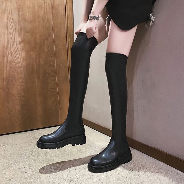 

women boots over knee brand women's shoes platform booties woman 2020 high heels round toe boots-women, Black