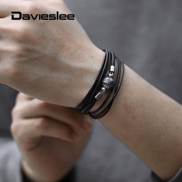 

link, chain multi layered leather bracelet for men unique design stainless steel bead charm 8inch fashion jewelry gifts ltbl010, Black