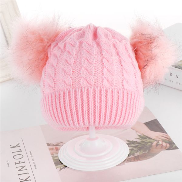 

beanies children cute pompom balls knitted hats little girls boys braided knitting warm caps simple solid colors