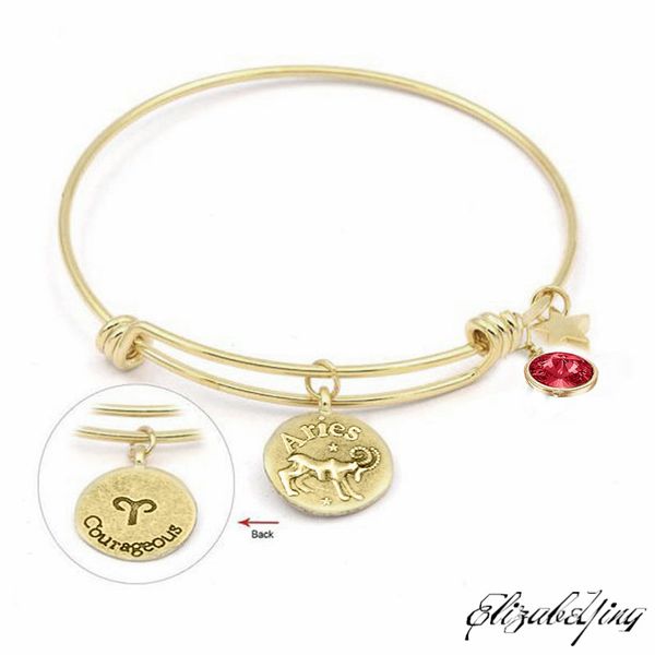 

bangle gold color 12 constellation charm bracelet birthstone star dangle charms zodiac signs adjustable wire bangles for women, Black