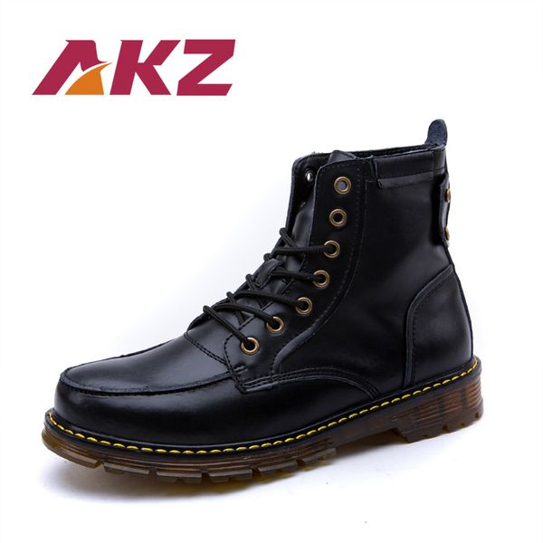 

akz 2020 new autumn winter men boots casual shoes cow leather male boots lace-up round toe man flats 38-44, Black