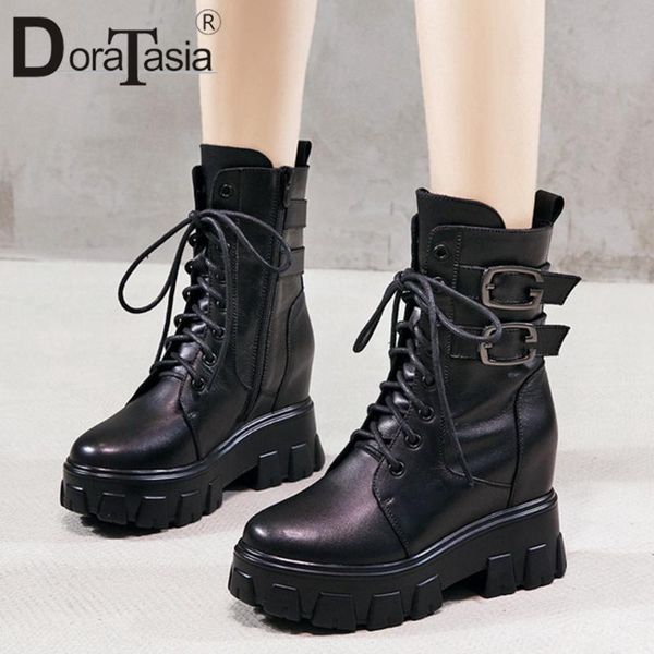 

doratasia thick sole ladies genuine leather boots 2020 boots women round toe platfrom height increasing cross tied shoes woman, Black