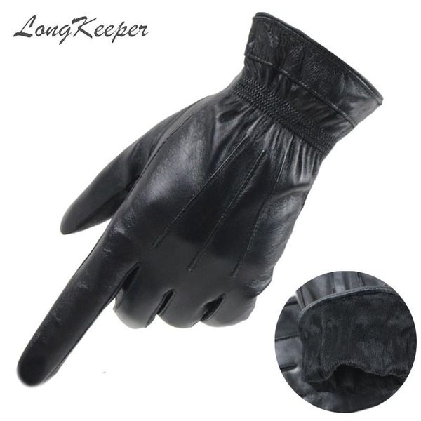 

longkeeper genuine leather touch screen gloves men sheepskin driving gloves winter warm full finger mittens guantes black luvas t200915, Blue;gray