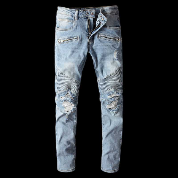

new men's male fashi classic blue pleated ripped biker jeans fashion slim straight stretch denim pants holes distressed trousers
