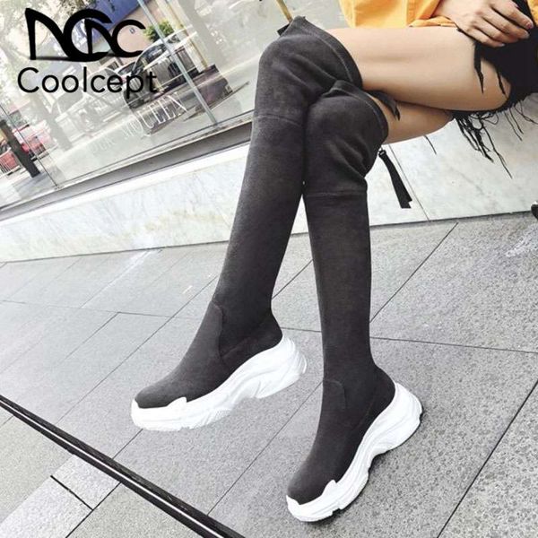 

boots coolcept woman over knee thick sole flats casual shoes winter slip on long footwear size 34-40, Black