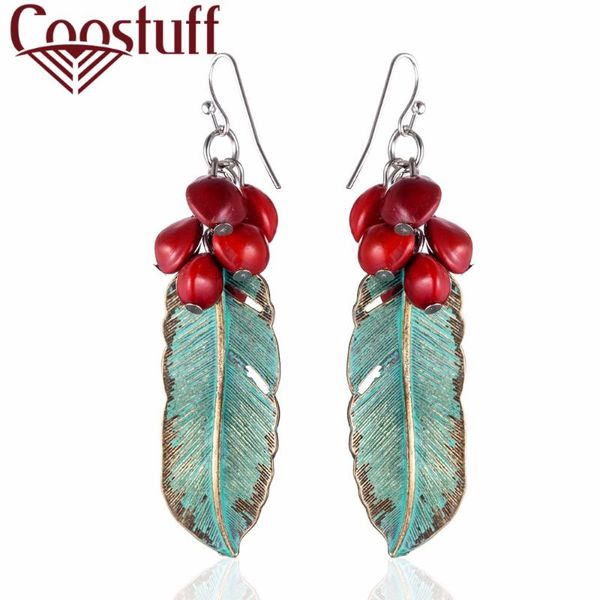 

dangle & chandelier 2021 wholesale beautiful handmade vintage women earrings green feather red beans pendientes brincos long jewelry, Silver