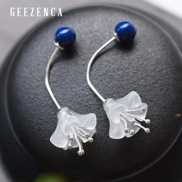 

925 sterling silver crystal flower lapis lazuli stud earrings original design korea trendy earring fine jewelry women girl gift, Golden;silver