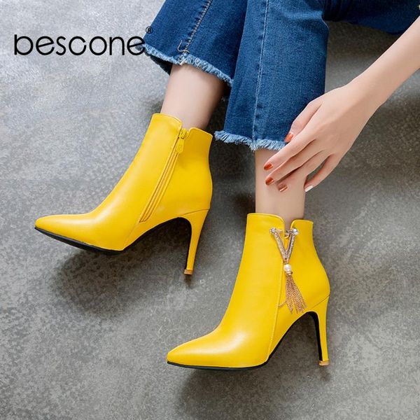

bescone handmade ladies mid-calf boots pointed toe zipper thin heel shoes winter solid metal decoration women boots bm323, Black