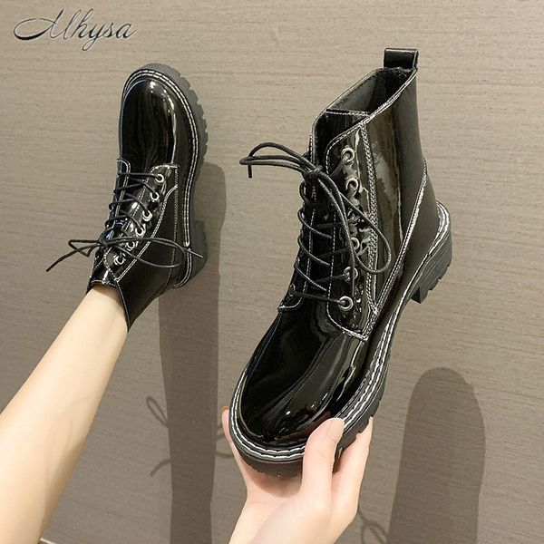 

2020 autumn new boots women fashion british style women's patent leather short boots motorcycle casual d1581, Black