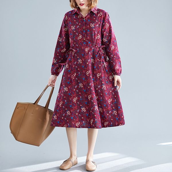 

long sleeve cotton and linen 2020 autumn new slimming floral aline large size dress dressaline dressloose lace-up shirt dress fohbt, Black;gray