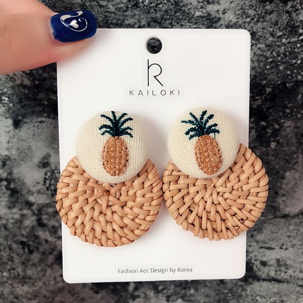 

handmade pineapple drop earrings for women wooden straw weave rattan earrings big round ball wedding trendy dangle jewelry, Silver