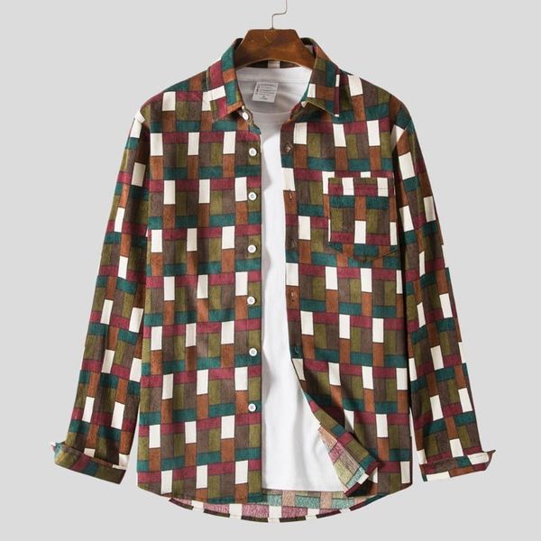 

feitong men's plaid shirt men slim fit fit spring autumn male splicing striped corduroy retro long-sleeved shirt, White;black
