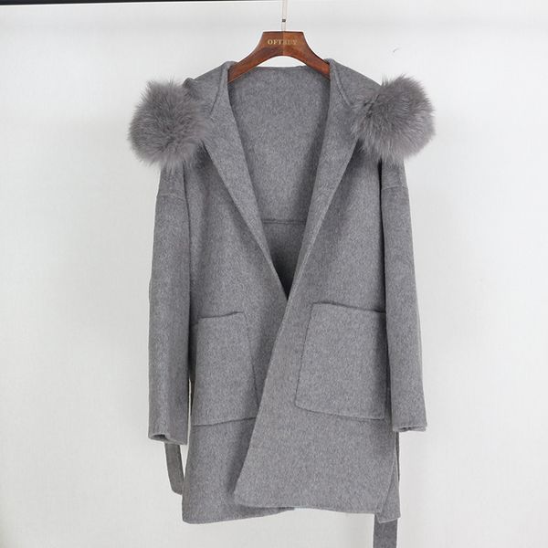 

oftbuy 2020 real fur coat winter jacket women loose natural fur collar cashmere wool blends outerwear streetwear oversize, Black