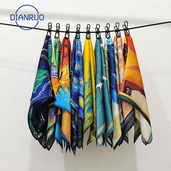 

dianruo china style square silk scarf women fashion print small neck scarfs office lady hair band kerchief female shawl n381, Blue;gray