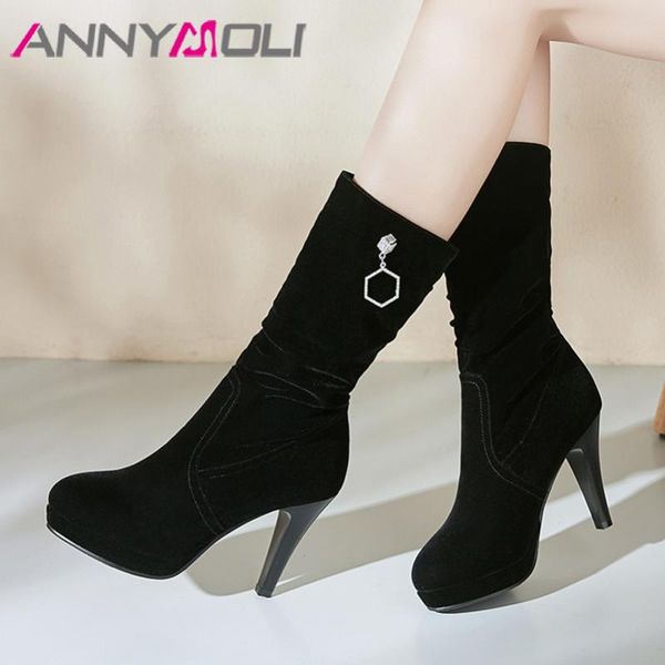 

annymoli winter mid calf boots women boots slip on platform stiletto heels pleated super high heel shoes ladies size 34-39, Black