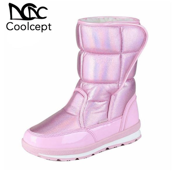 

coolcept new woman ankle boots winter warm snow boots with plush solid color flats shoes outdoor women footwear size 27-41, Black