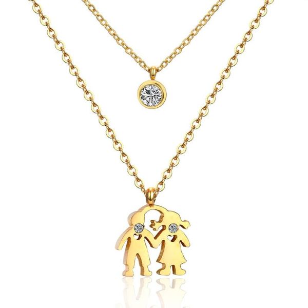 

chokers luxukisskids design chain double necklace 316l stainless steel lovely boy and girl with round crystal pendant, Golden;silver