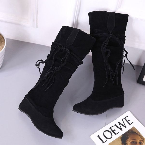 

boots turned-over edge round toe solid lace-up long for women low flat with sewing autumn winter over-the-knee pu shoes, Black