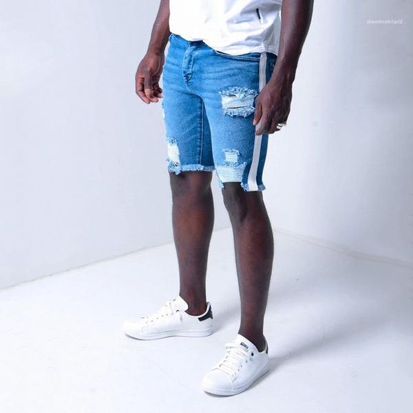 

mens summer fashion demin shorts man designer hole striped slim knee length short men light washed casual clothes, White;black