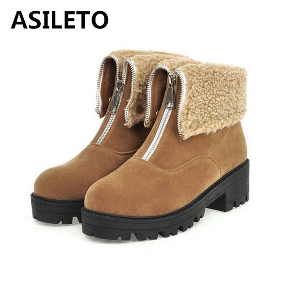 

asileto женщины платформы зимние сапоги женщины flock zipper плюшевые теплая ботильоны женщина твердая squarethick каблуки zapatos de mujer, Black