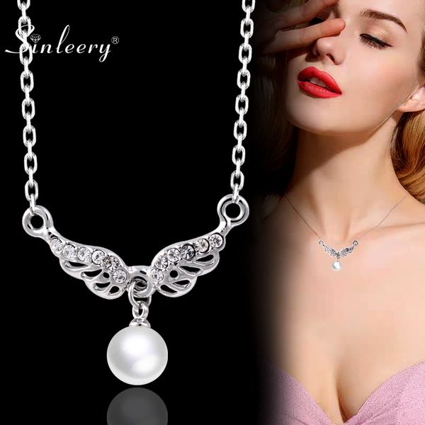

sinleery elegant gray white pearl pendant necklace silver color chain angel necklaces for women girls jewelry xl277 ssh, Golden;silver
