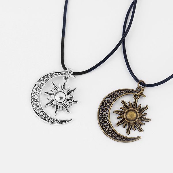 

1pcs antique crescent moon/sun charm pendant real leather end lobster clasp necklace for boho hippy 18"+2"chain, Silver