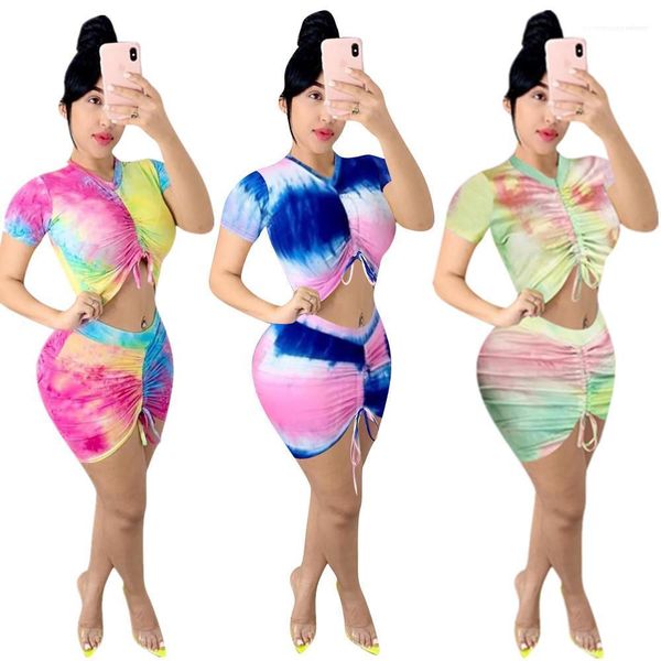 

2pcs set female clothing womens designer two piece dress tie dye drawstring pleated short skirt, White