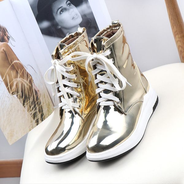 

2020 winter mirror pu leather platform womens shoes wedges heels pink gold silver fashion lace up combat ankle boots, Black