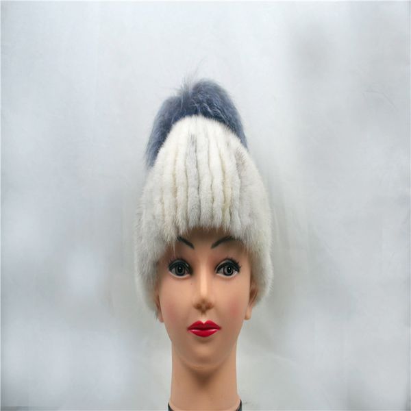 

winter ladies hat fur leather fur mink woven hat suede warm earmuffs, Blue;gray