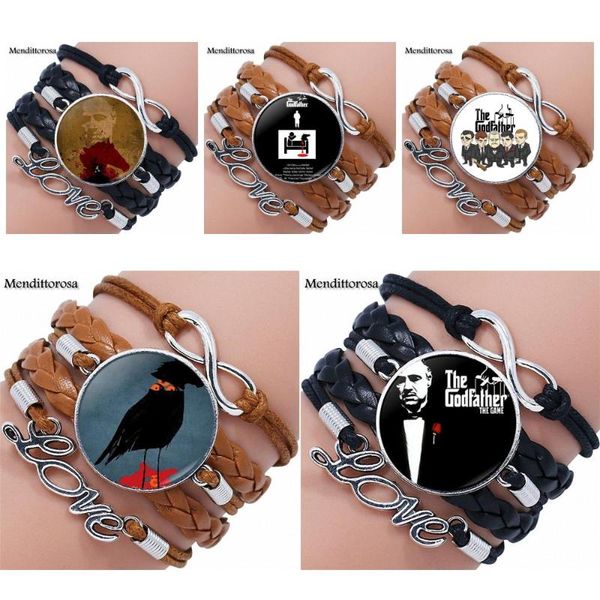 

the godfather jewelry glass cabochon multilayer black/brown leather bracelet bangle for valentine's day gift, Golden;silver