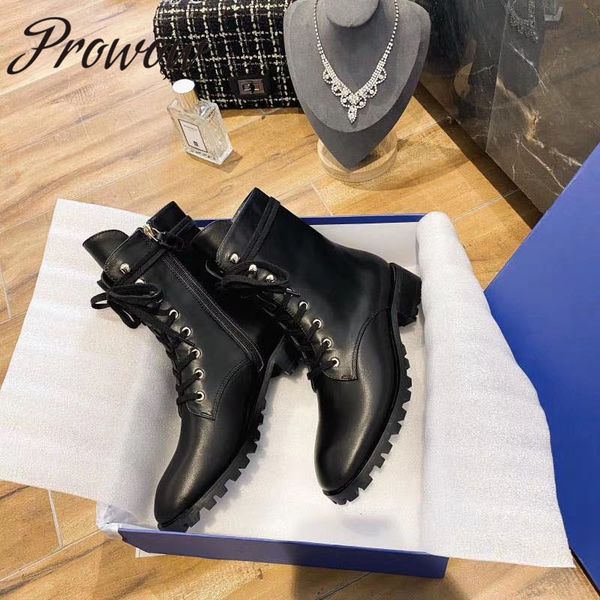 

prowow genuine leather pointed toe ankle boots zip side thick heel low heel luxury boots shoes women, Black