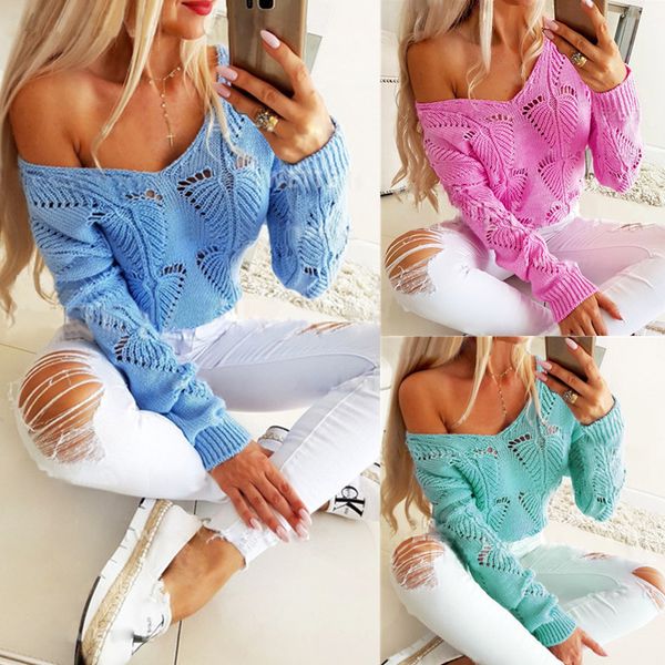 

women's sweaters solid color women knitted long sleeve sweater autumn winter 2021 v-neck hollow out casual, White;black