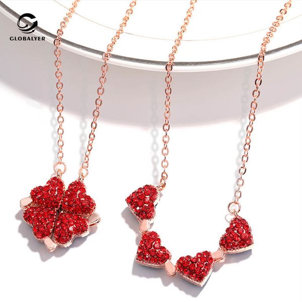

korean version of four-leaf clover necklace love split folding pendant rose gold clavicle chain full cystal red necklace 501, Silver
