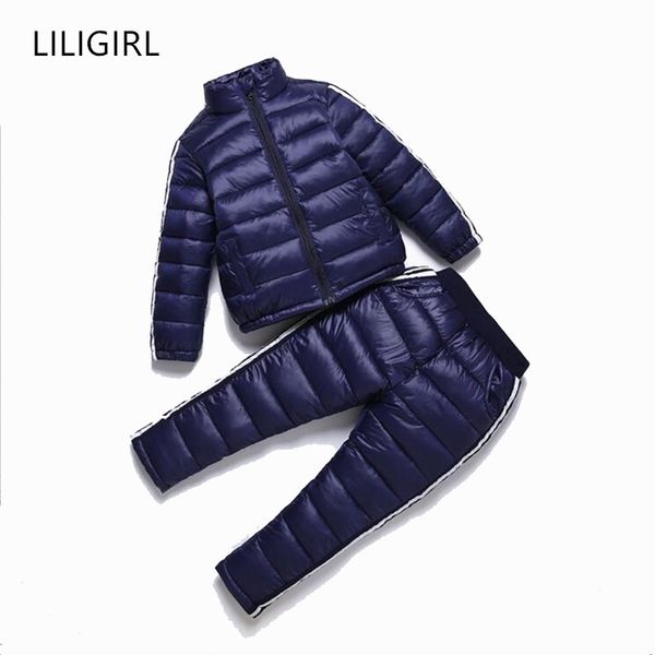 

liligirl kids down cotton sportswear clothes set for boys girls winter down-jackets+pants overalls suit new baby snowsuit 200921, Blue;gray