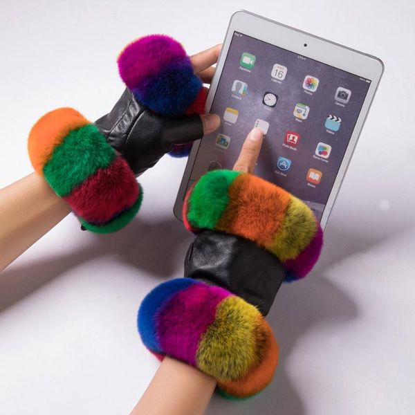 

lady winter semi finger mittens furry gloves fashion warm multi color bright natural fur touch screen, Blue;gray