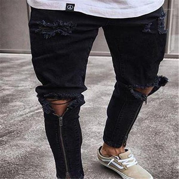 

дизайнер jeans black ripped slim fit представи карандаш брюки мужские молнии отверстия, Blue