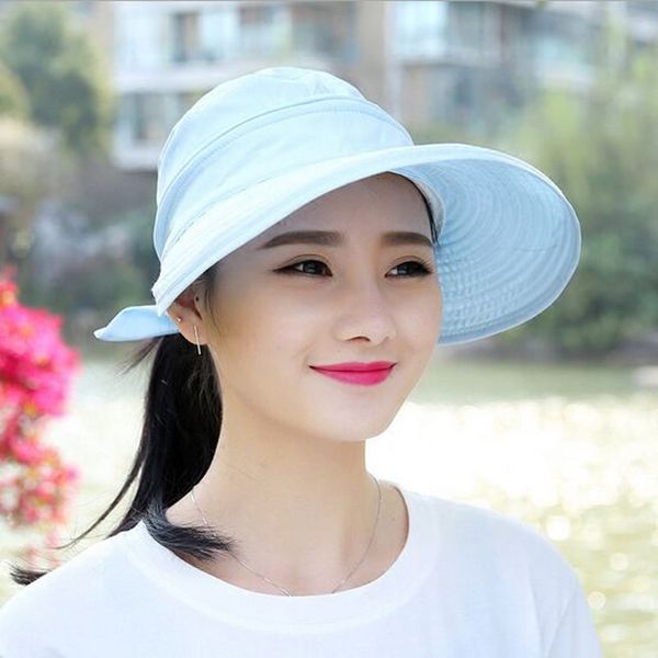 

wide brim hats 2021 fashion bowknot decorated sun visors hat removable at woman summer caps outdoor breathable anti-uv sombreros, Blue;gray