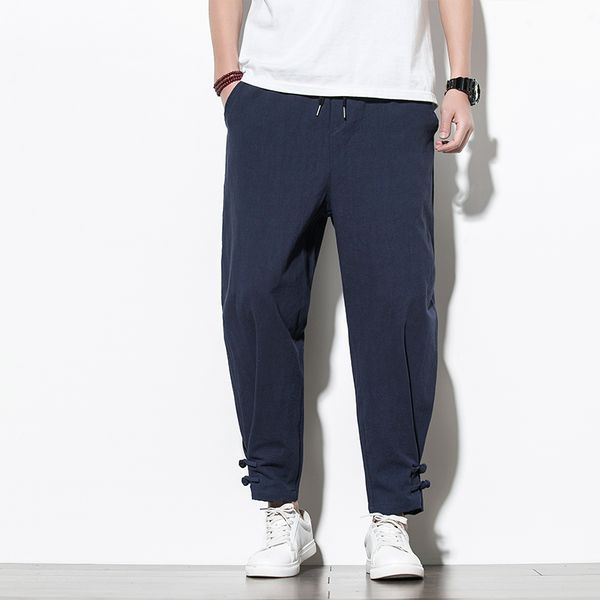 

chinese style cotton men's pants jogger men linen pants comfortable male trousers casual full streetwear men clothes, Black