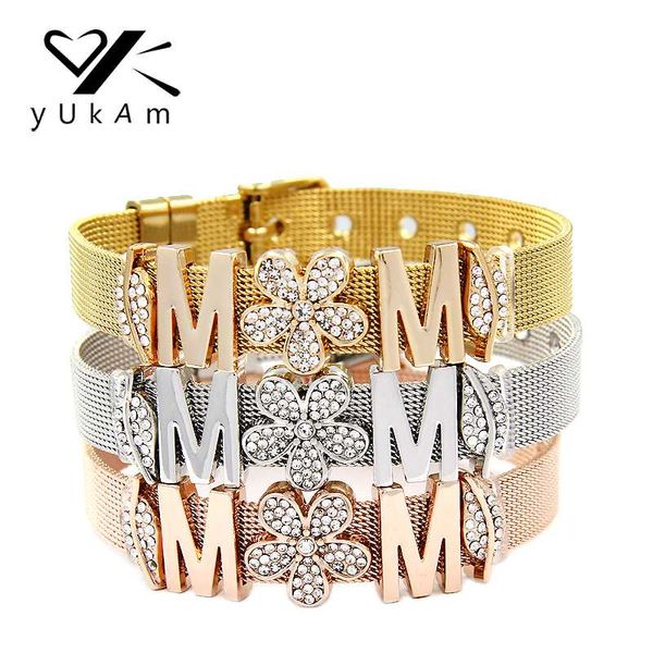 

charm bracelets yukam jewelry keys mom rhinestone plum flower slide keeper crystal leaf stainless steel mesh for women, Golden;silver