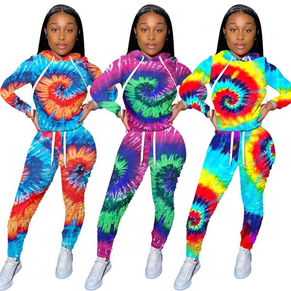 

женская дизайнер костюмы tie dye с длинным рукавом с капюшоном длинной стекой кальсон 2pcs наборов женской осенью и зима 2pcs наряды, Gray