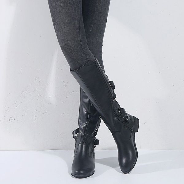 

2020 autumn women knee high boots buckle strap fashion female solid pu ladies round toe leather shoes low square heels botas new, Black