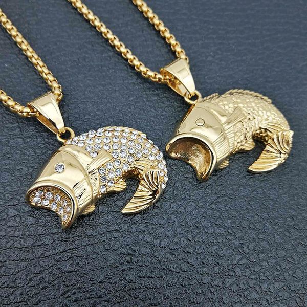 

pendant necklaces hip hop rhinestones paved bling iced out gold color stainless steel fish for men rapper jewelry, Silver