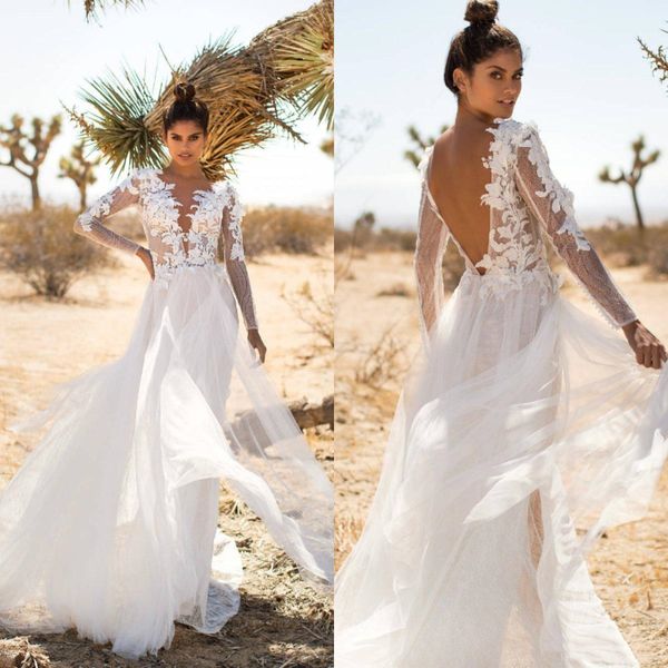 

milla nova 2020 wedding dresses v neck lace long sleeve appliques tulle sweep train bridal gowns backless beach wedding dress cheap, White