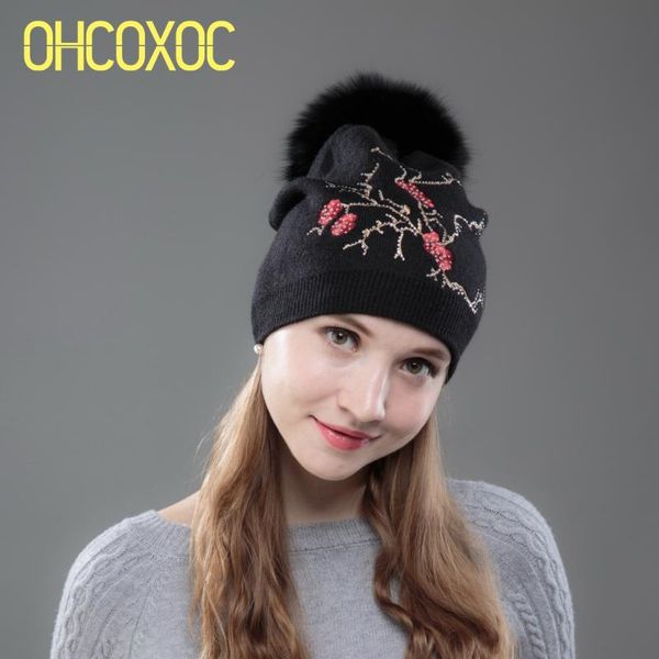 

ohcoxoc new women beanies real fur pom ball cap keep warm beanies skullies rhinestone and embroide flower autumn winter hat, Blue;gray