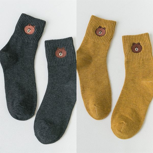

little bear embroidered women's autumn and winter new thread mouth children's cotton cotton socks mid-calf socks uuspv, Black
