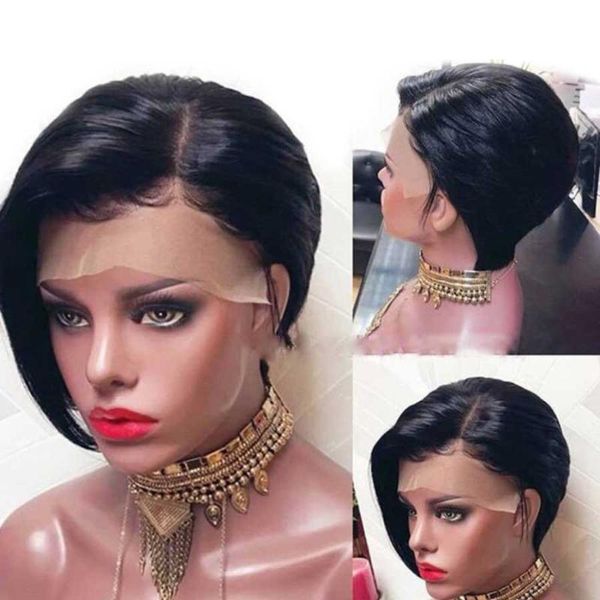 

lace wigs short cut human hair for black women straight front wig brazilian remy 13*6" bob bleached knots side part, Black;brown